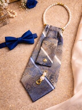Blue Paisley Necktie with Pearl Handle and Gold Accents